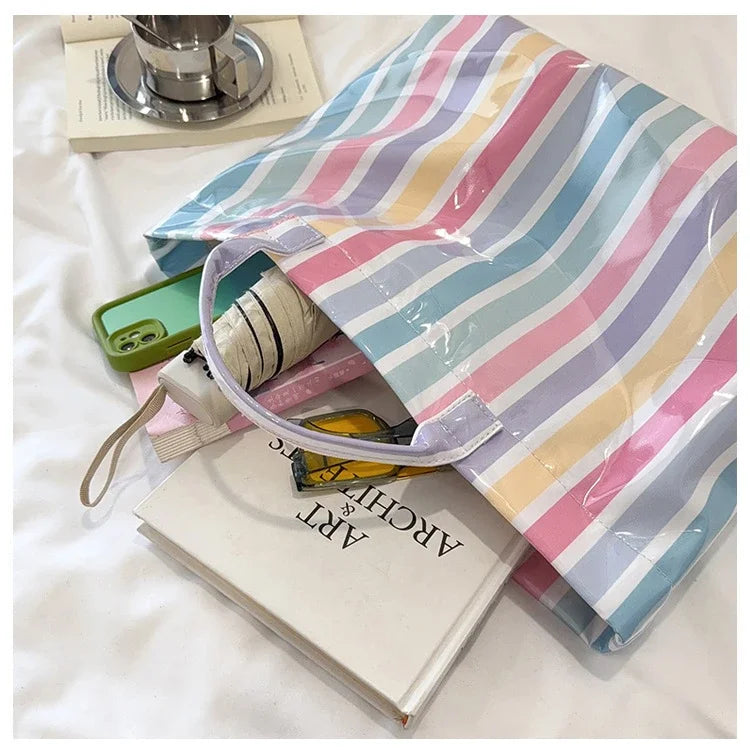 Striped PVC Waterproof Tote Bag for Everyday Use