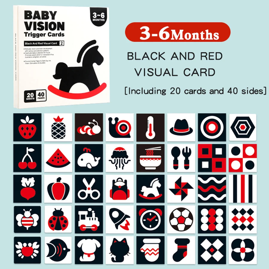 A set of black and red visual cards for baby stimulation, including 20 cards and 40 sides.