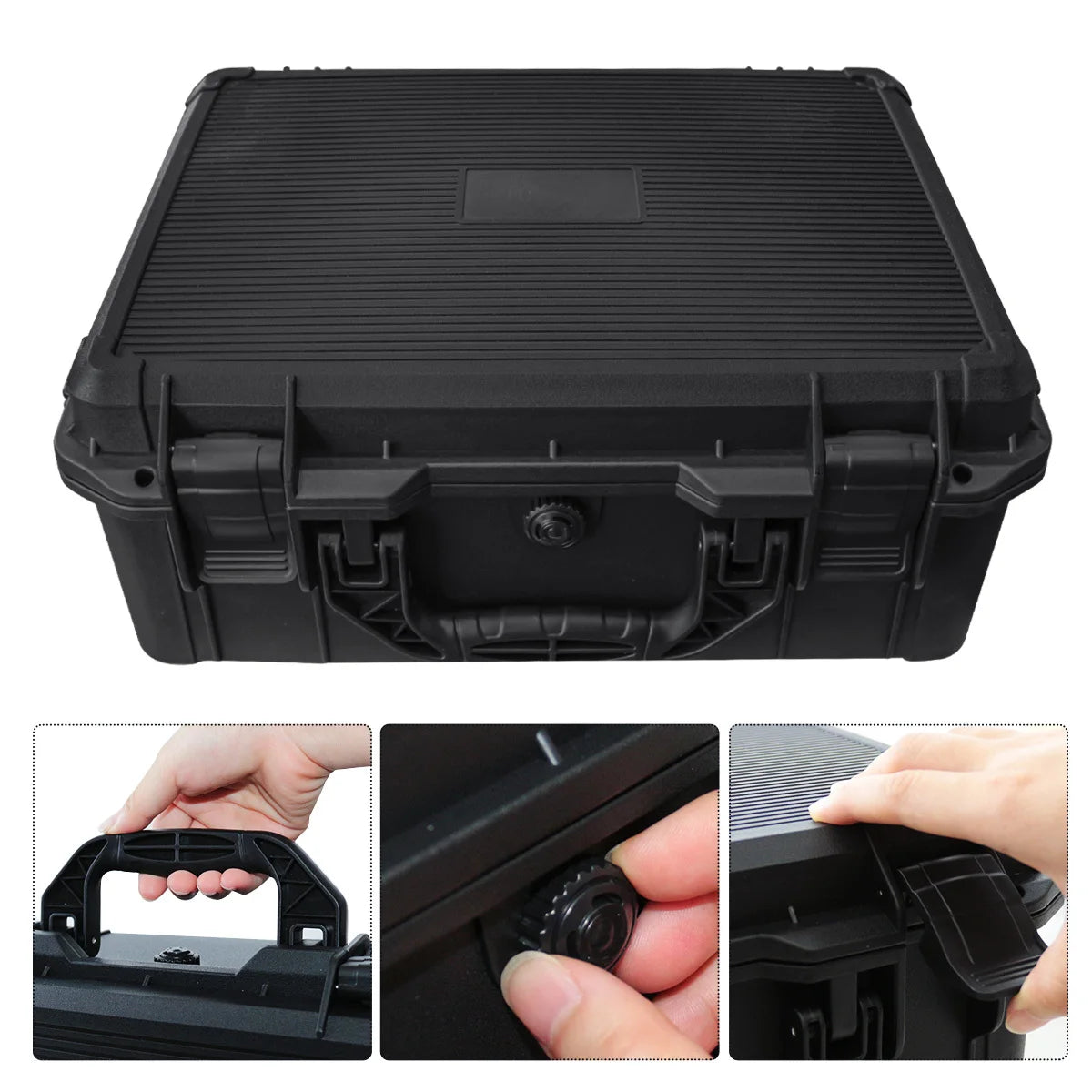 Black hard shell protective storage case for tools and instruments shown from the top and side views.