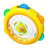 A yellow baby sensory spinning rattle toy with blue and green accents.