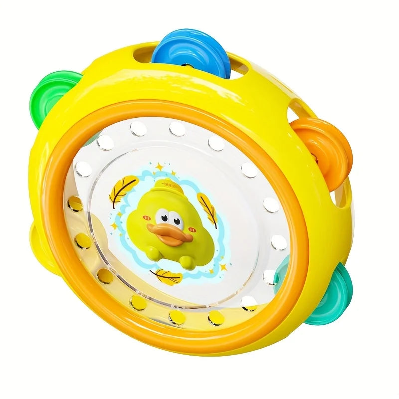 A yellow baby sensory spinning rattle toy with blue and green accents.