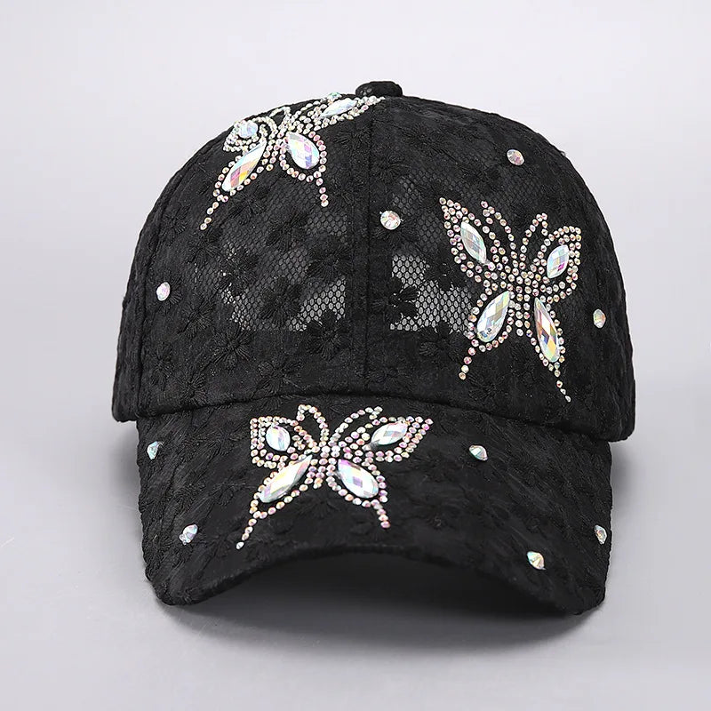Lace Butterfly Snapback Cap with Rhinestone Accents