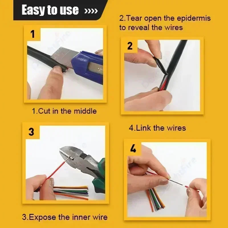 Step-by-step instructions showing how to cut, expose, and link wires for a 7-core tinned copper wire product.