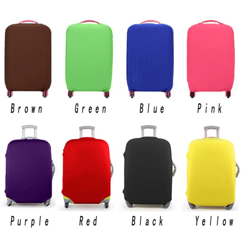 A collection of colored elastic travel luggage covers for suitcases including brown, green, blue, pink, purple, red, black, a