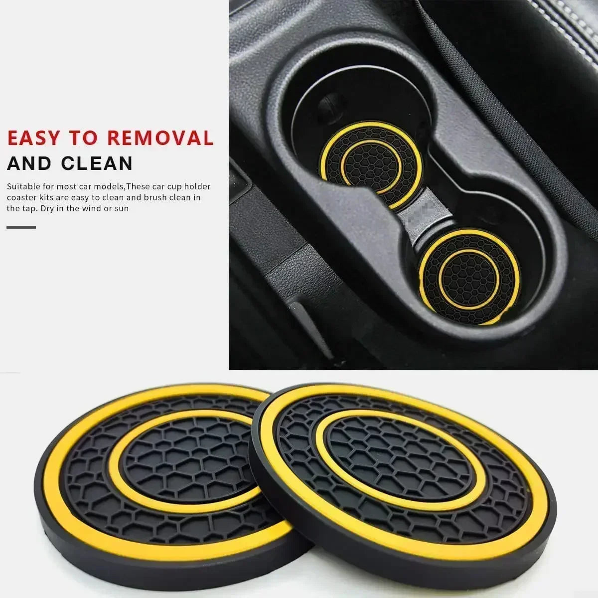 A set of two black and yellow non-slip silicone car cup holder coasters shown in detail.