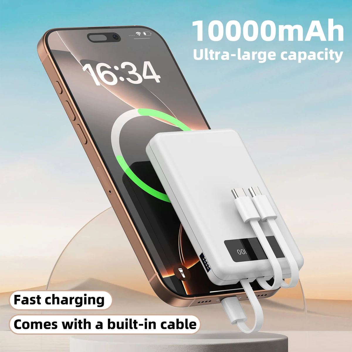 Slim 10000mAh Power Bank with Digital Display and Built-In Cables