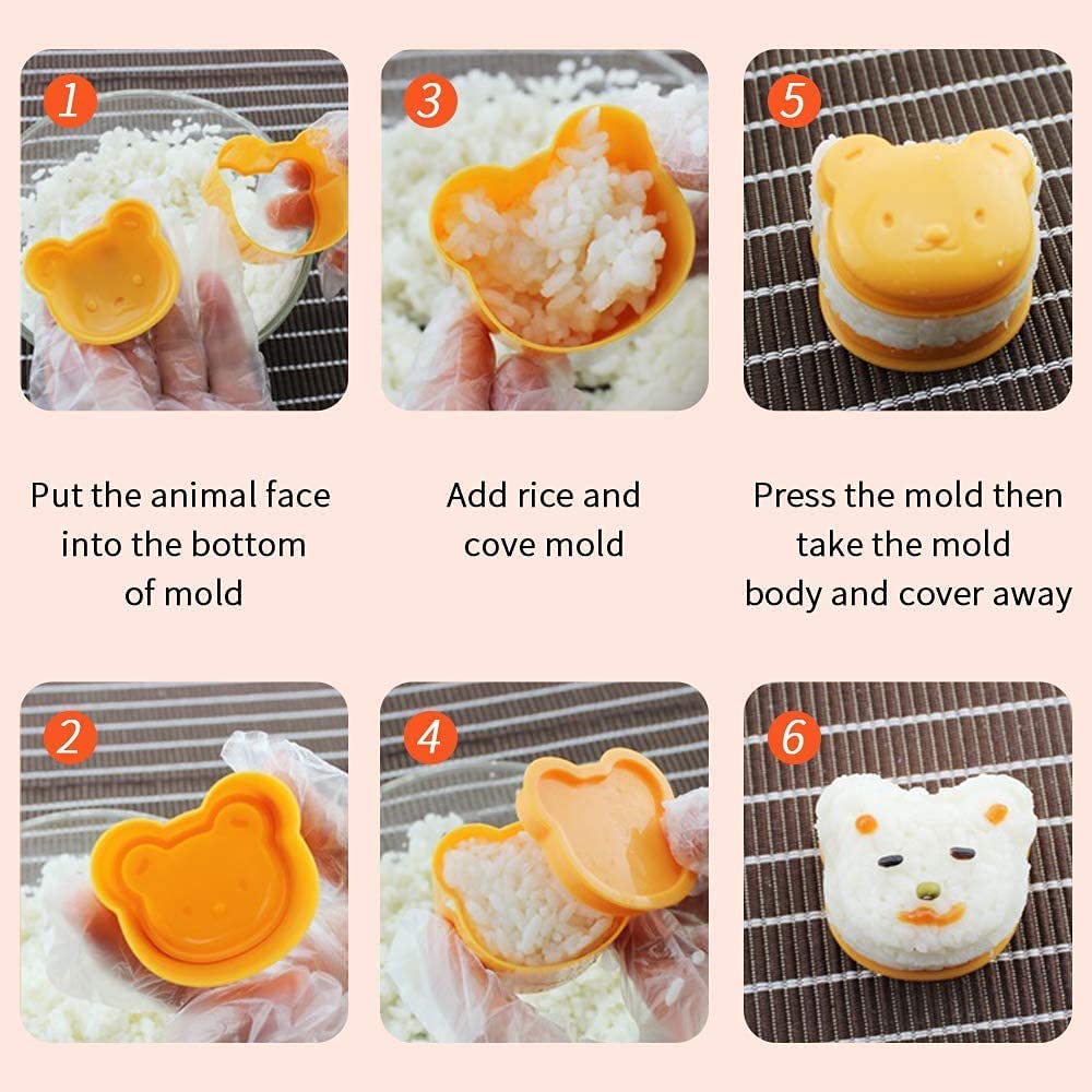 Step-by-step instructions for making an animal face rice ball using a mould and paddle.