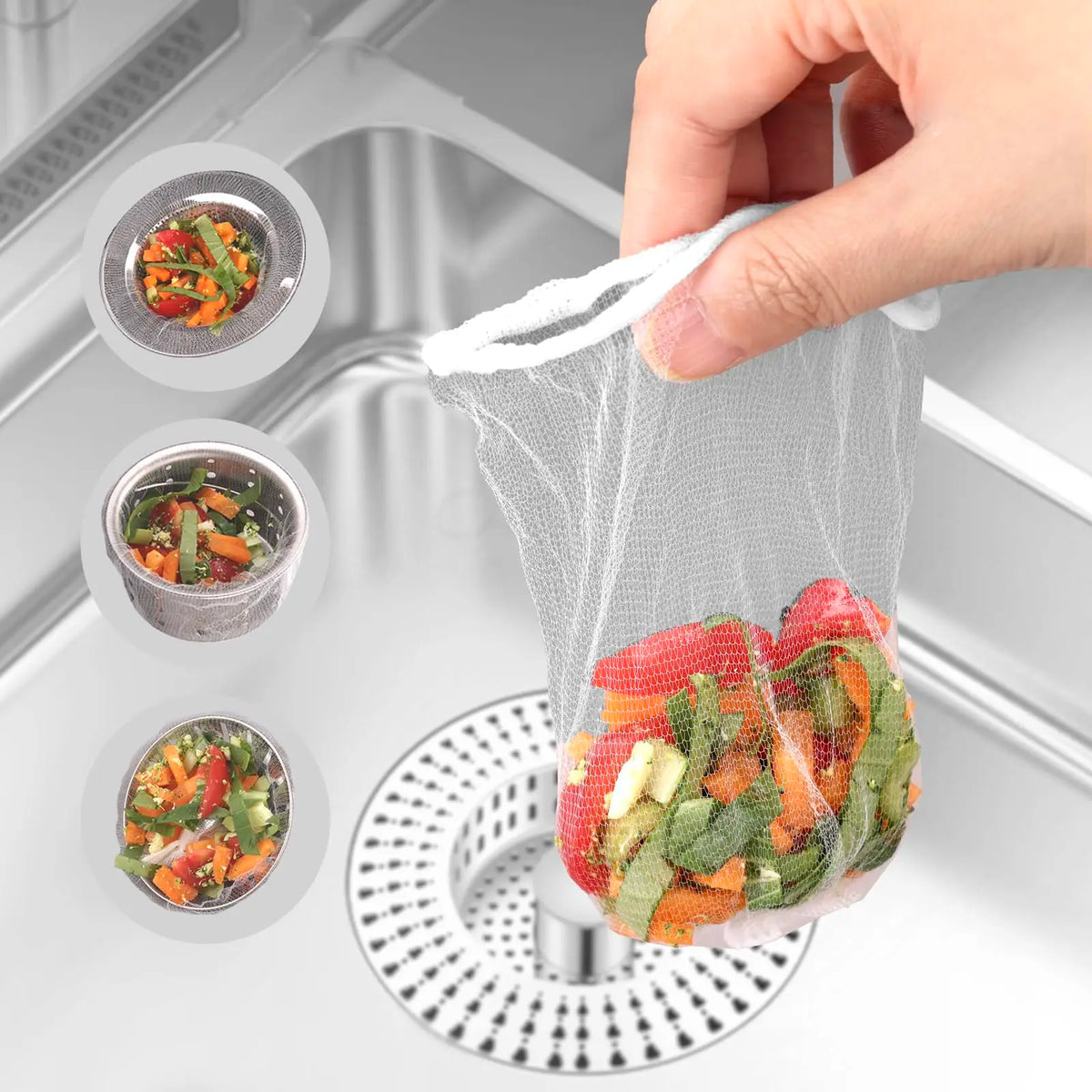 Disposable mesh sink strainer bags filled with colorful vegetable scraps being held over a drain.