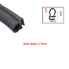 Black U-shaped EPDM rubber edge trim with dimensions and grip range specifications