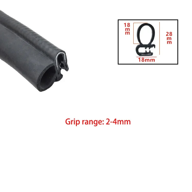 Black U-shaped EPDM rubber edge trim with dimensions and grip range specifications