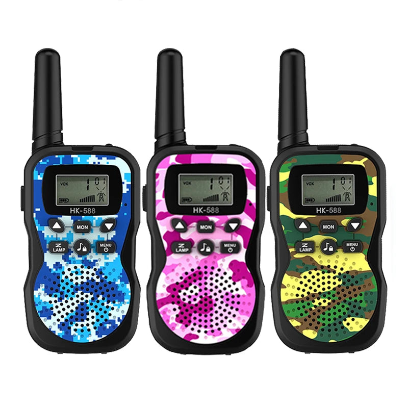 A set of three black walkie-talkies with colorful, camouflage-patterned bodies and digital displays.