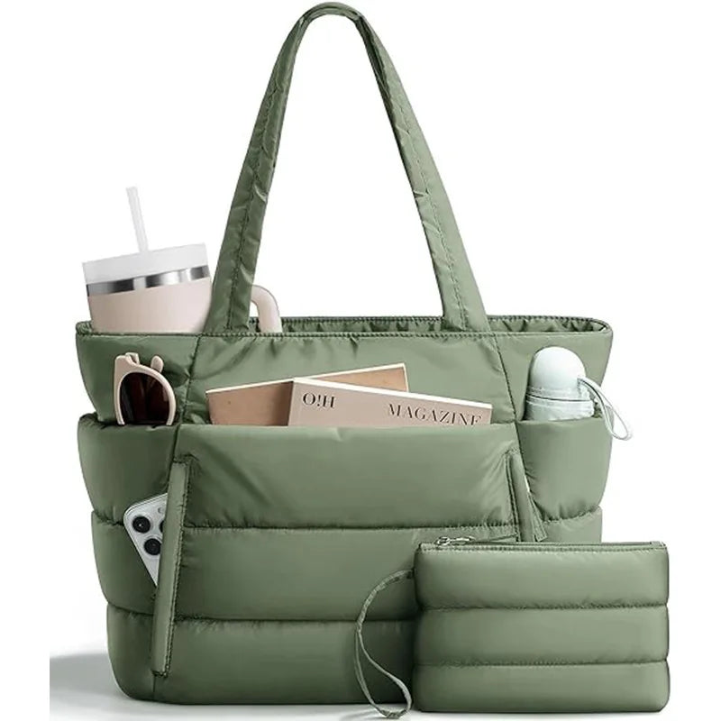 A quilted olive green multi-compartment tote bag with a handle and a straw accessory.