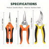 A set of three stainless steel garden shears with ergonomic handles shown in orange, black, and yellow.
