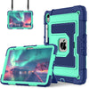 A teal shockproof hybrid case for an iPad is shown with a built-in stand and pencil holder.