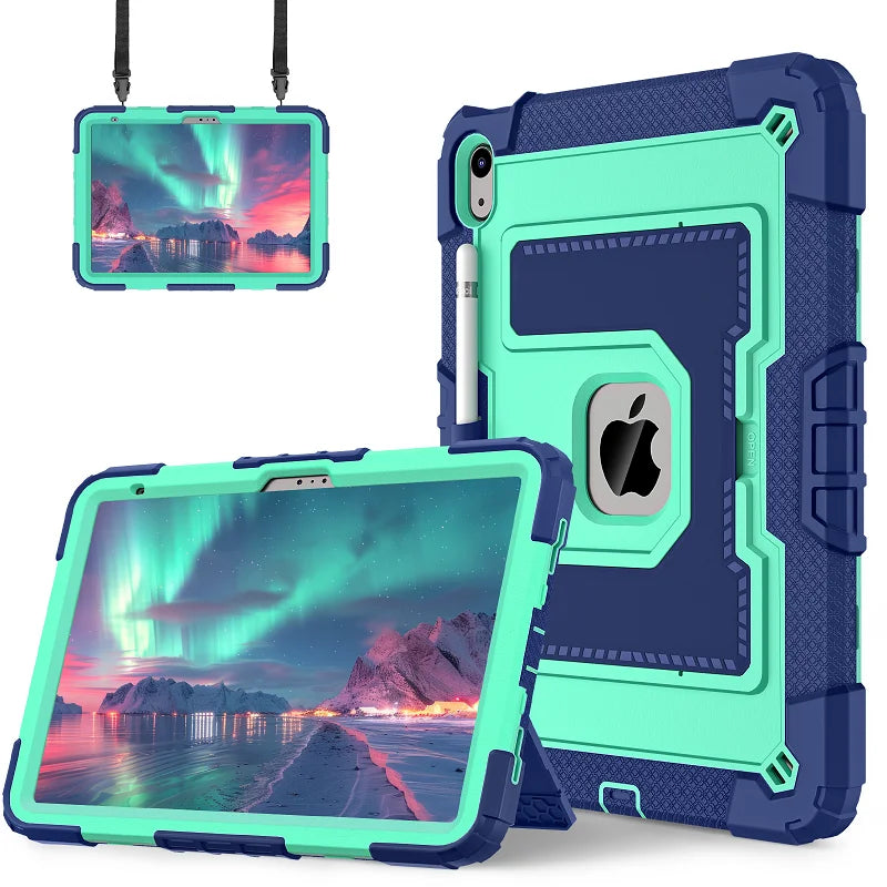 A teal shockproof hybrid case for an iPad is shown with a built-in stand and pencil holder.
