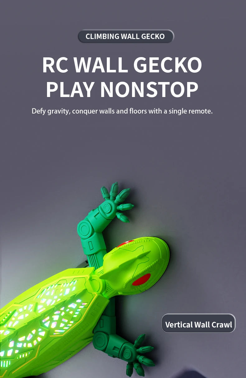 A bright green remote control wall-climbing gecko toy is shown climbing on a gray surface.