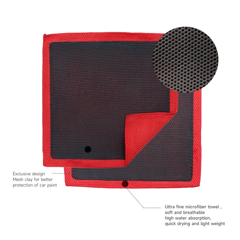 A red and black mesh clay bar detailing towel used for car paint decontamination.