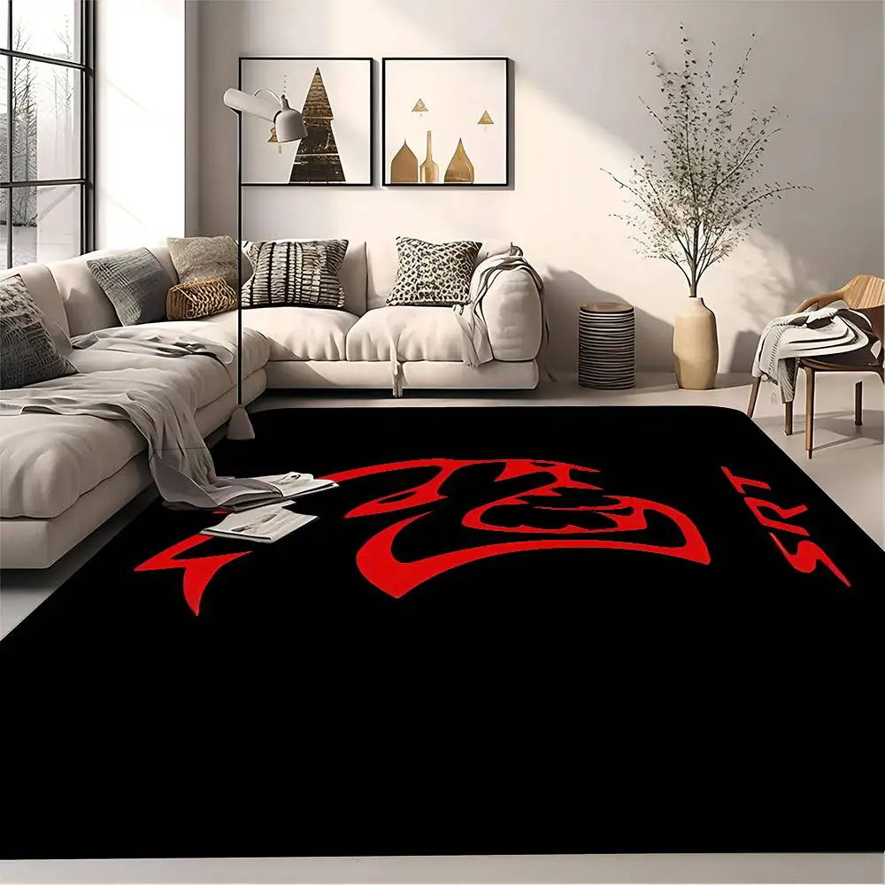 A black doormat with a red stylized logo is placed on a floor in a modern living room setting.