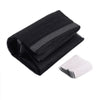 Black magnetic screen door curtain folded and displayed for hands-free insect protection