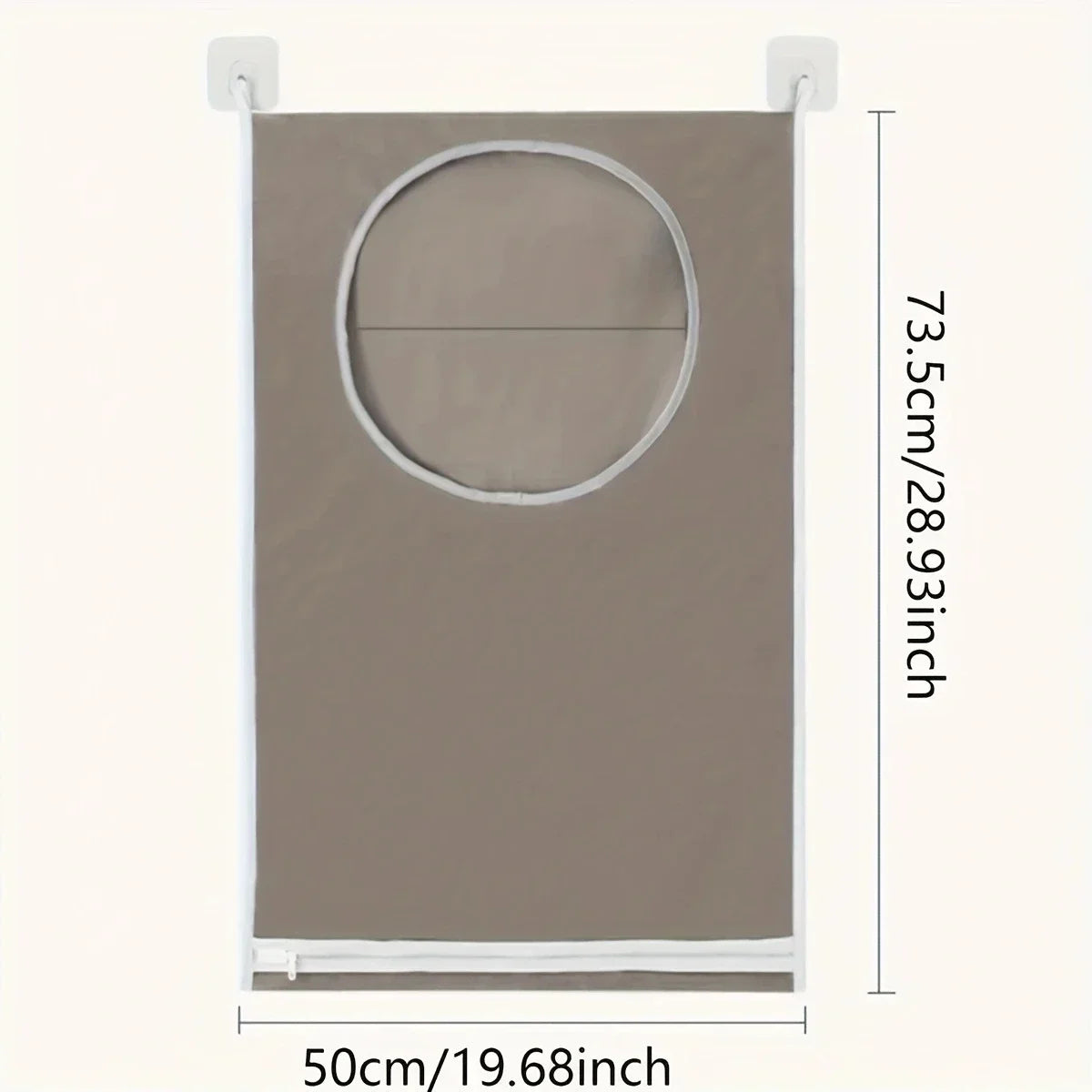A rectangular beige laundry storage bag with a circular cutout and multiple pockets, shown against a white background.