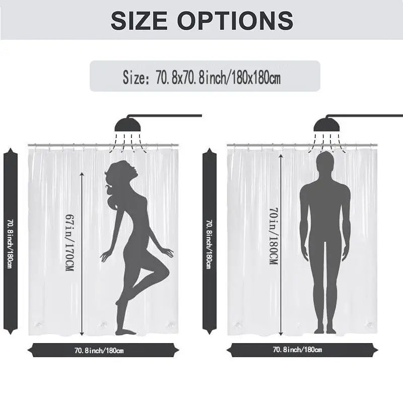 Size options for a shower curtain showing different dimensions and silhouettes.