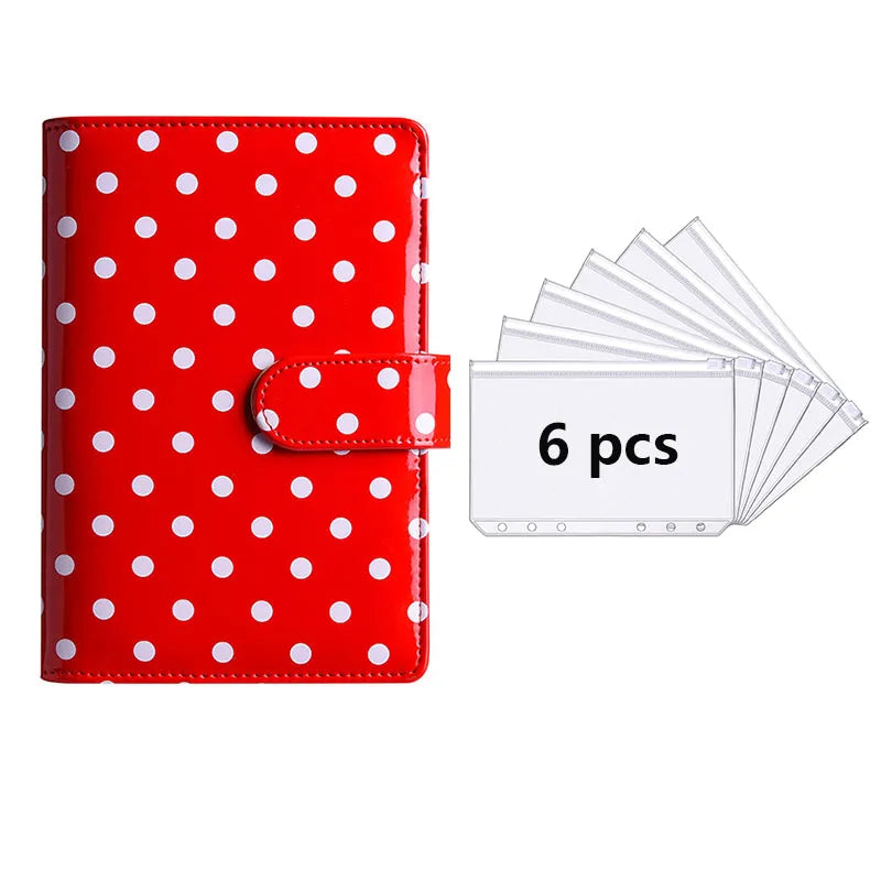 Red polka dot PU leather binder wallet with cash envelopes and card holder featuring multiple clear plastic cards