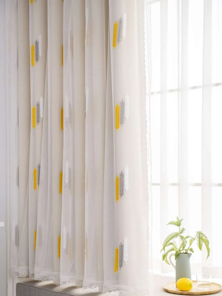 Elegant white curtain fabric featuring embroidered wheat stalks and yellow accents with a lace trim.
