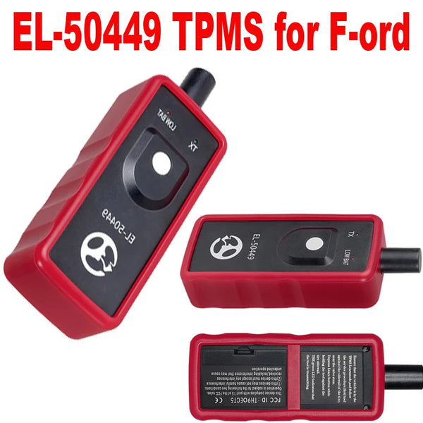 A red TPMS sensor relearn tool for F-ord vehicles, shown in three views.