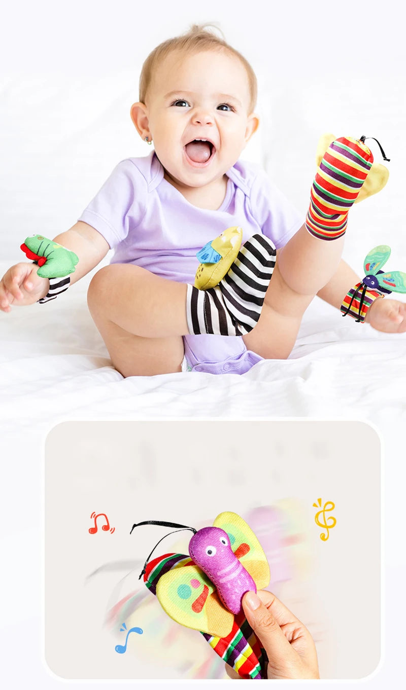 Baby Wrist Rattles and Animal Socks Set for Sensory Development