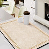 A beige and gold patterned counter mat is displayed on a white marble surface with ceramic cups.