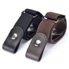 A pair of dark brown elastic no-buckle belts are shown, folded and laid out.