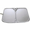 Foldable car windshield sun shade with UV protection, silver reflective material.