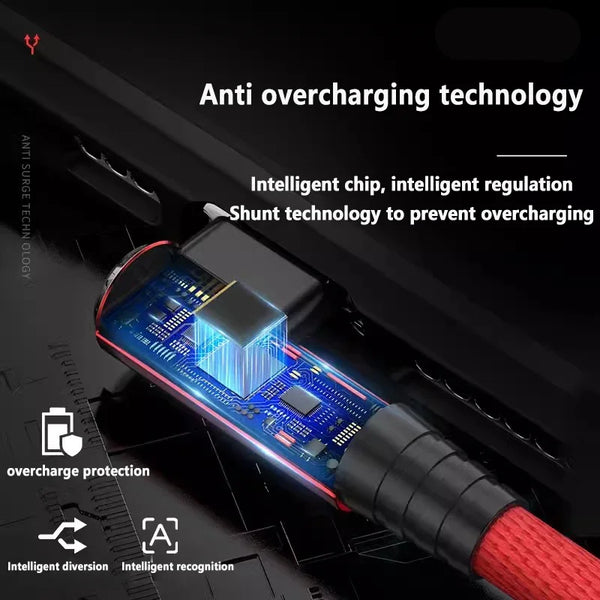 Close-up of an electronic cable featuring intelligent chip and shunt technology for anti overcharging protection