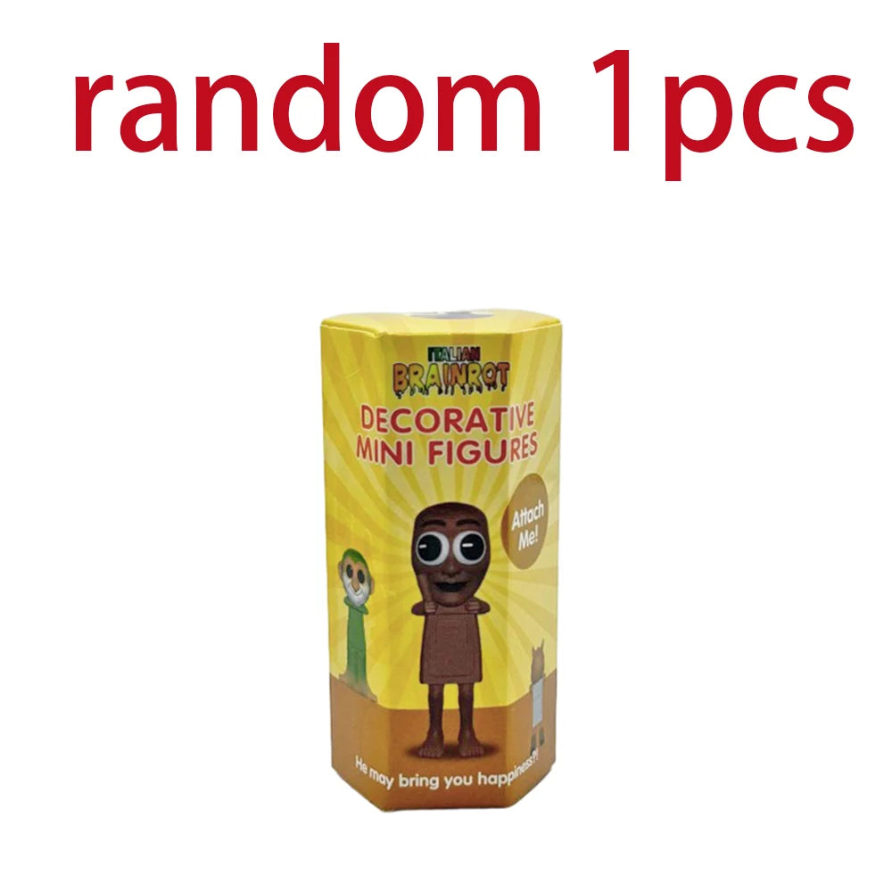 A yellow packaging for a random 1 piece decorative mini figure product.
