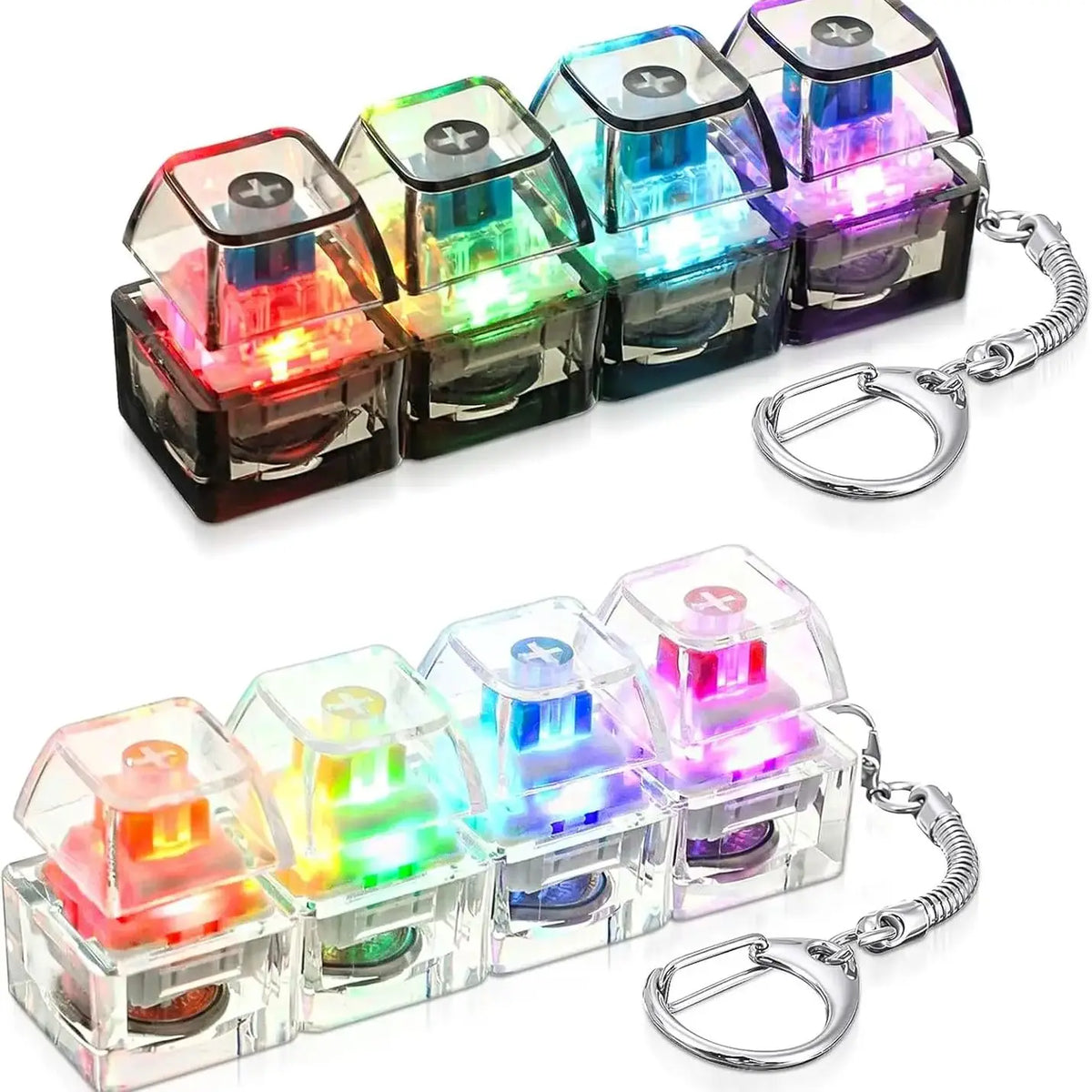 A set of five LED clickable fidget keychains with keyboard designs in various colors and translucent plastic.