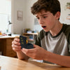 A boy is holding an open black box with a yellow object inside, looking surprised.