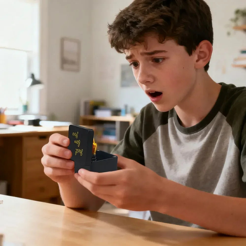 A boy is holding an open black box with a yellow object inside, looking surprised.