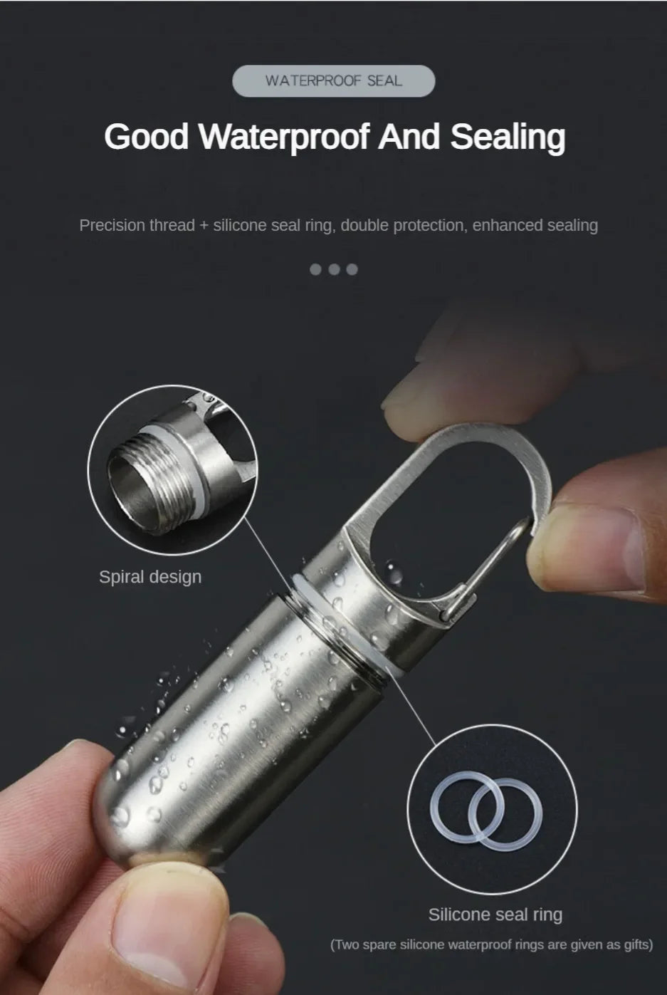 Stainless steel waterproof pill capsule with a spiral design and silicone seal ring being held by a hand