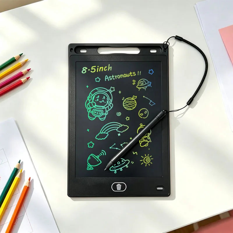 A black portable LCD drawing tablet displaying a green constellation theme with various space-related icons.