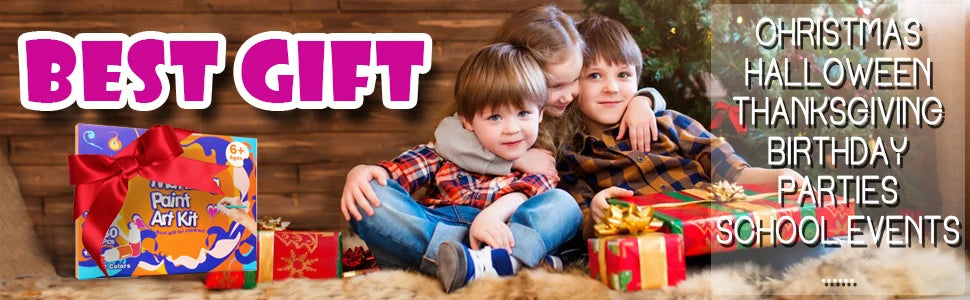A family of three children sitting on a furry surface with gift boxes and a painting kit displayed.