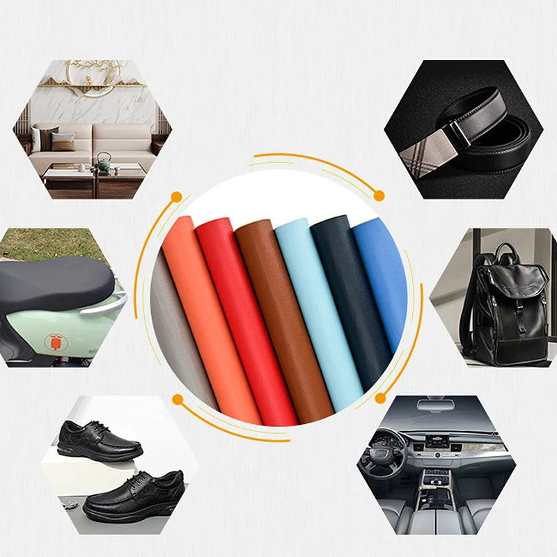 Various self-adhesive PU leather repair patches, including a strap, and automotive interior components.