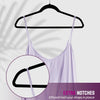 A lavender velvet hanger with rotating hooks is displayed against a light background.
