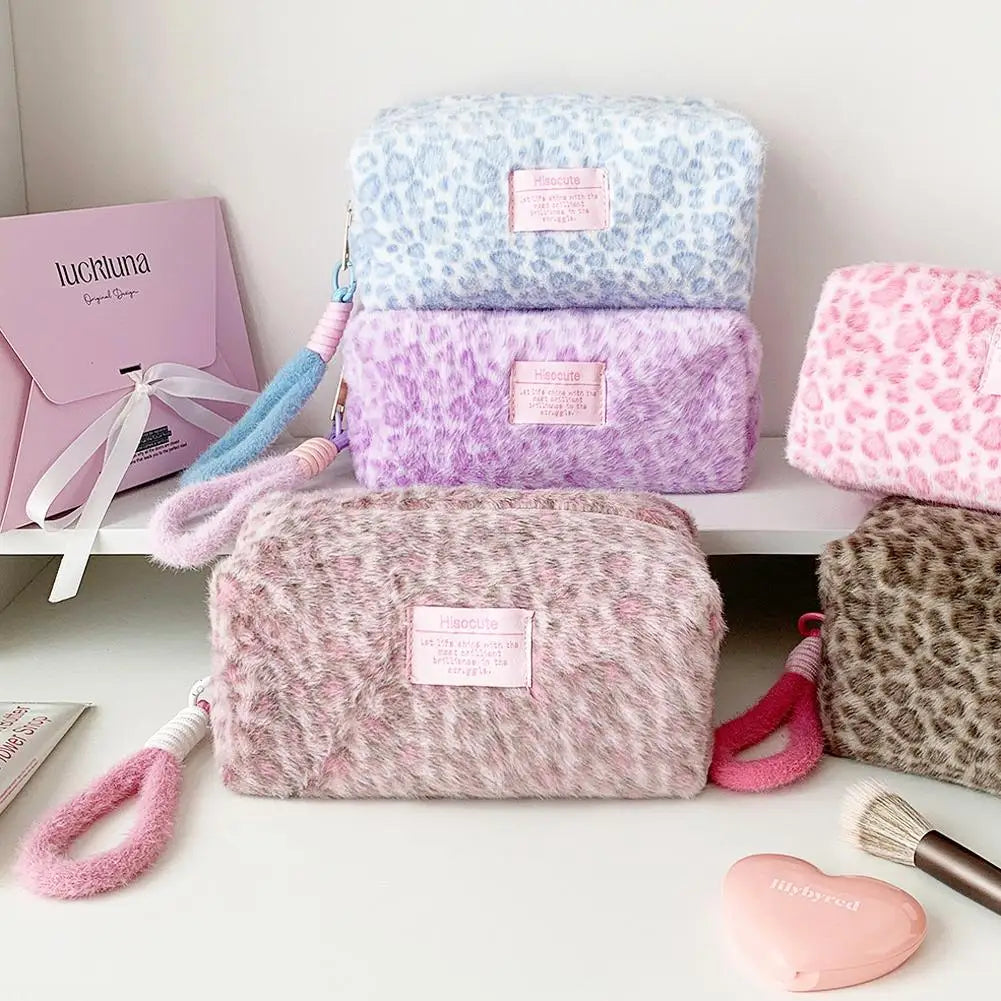 Leopard Print Plush Makeup Bag with Carry Handle