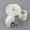 A set of cotton polishing buffing wheels for a drill, featuring a large circular pad and a smaller cylindrical buffing wheel.