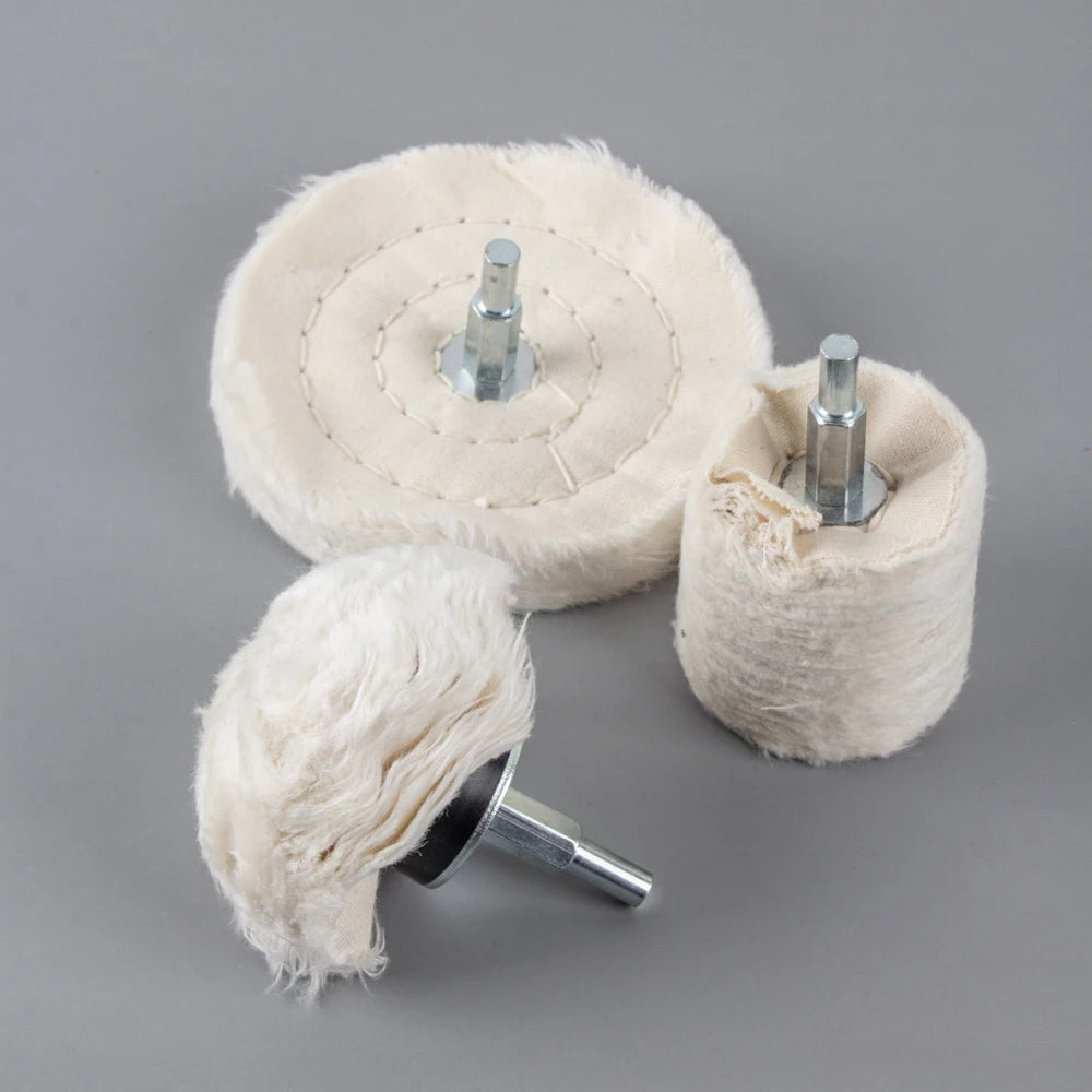 A set of cotton polishing buffing wheels for a drill, featuring a large circular pad and a smaller cylindrical buffing wheel.