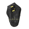 Black heavy-duty drill holster with a belt storage pocket and yellow stitching.