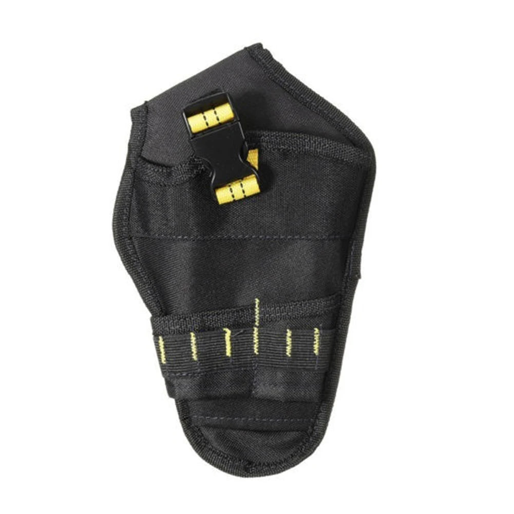 Black heavy-duty drill holster with a belt storage pocket and yellow stitching.