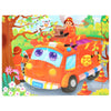 An orange police car and officers in a wooden jigsaw puzzle set featuring animals and nature.