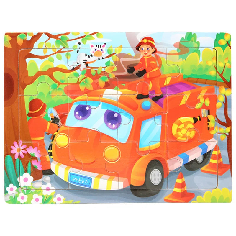 An orange police car and officers in a wooden jigsaw puzzle set featuring animals and nature.