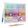 A plastic case holds a set of 36 colorful erasable gel pens with tips and caps.
